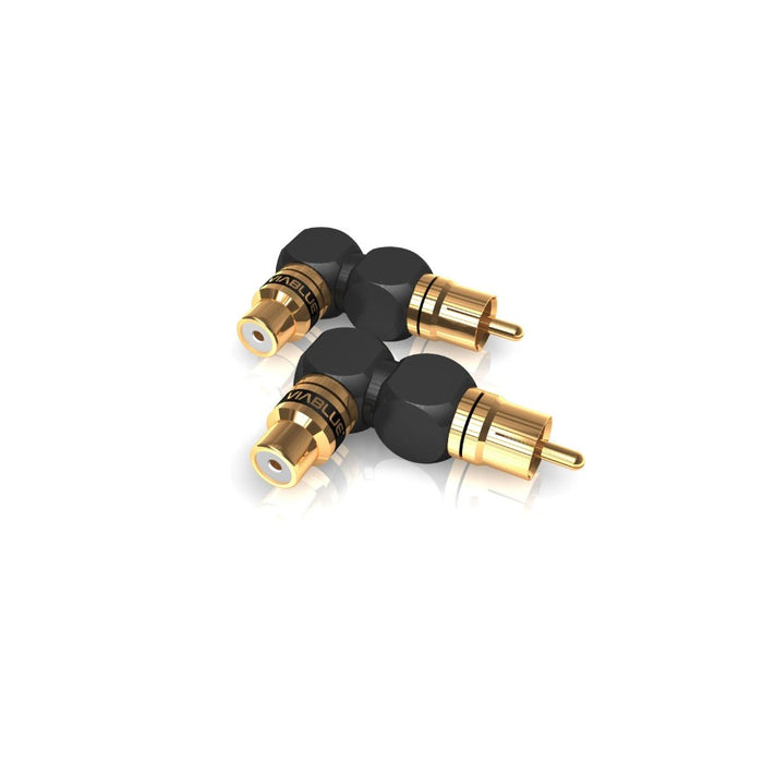 VIABLUE XS RCA Adapters, Black and Gold, three-quarter view facing left of two right-angle adapters staggered diagonally with male plugs pointing right