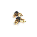 VIABLUE XS RCA Adapters, Black and Gold, three-quarter view facing left of two right-angle adapters with female sockets angled toward the viewer