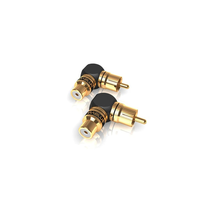 VIABLUE XS RCA Adapters, Black and Gold, three-quarter view facing left of two right-angle adapters with female sockets angled toward the viewer