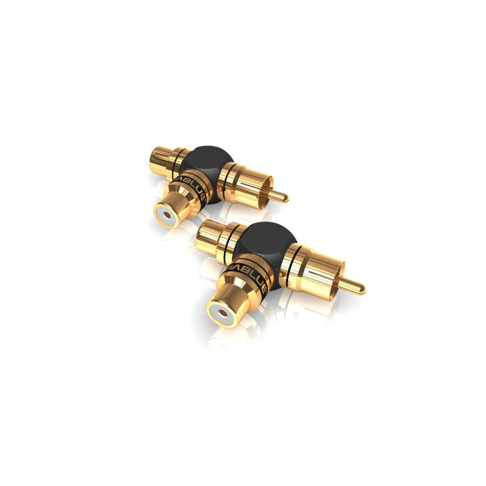 VIABLUE XS RCA Adapters, Black and Gold, three-quarter view facing right of two inline adapters, each with a female socket at one end and a male plug at the other