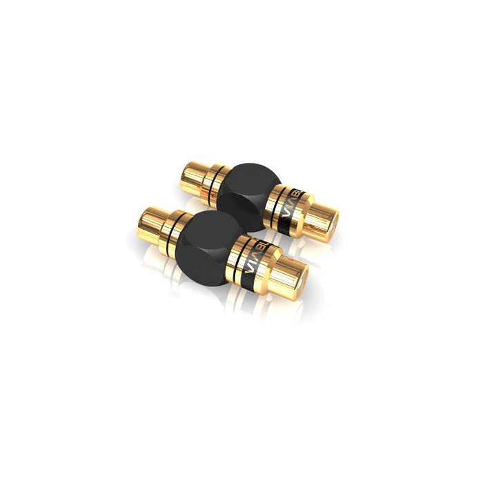 VIABLUE XS RCA Adapters, Black and Gold, three-quarter view facing right of two straight inline barrel adapters with black hex center bodies