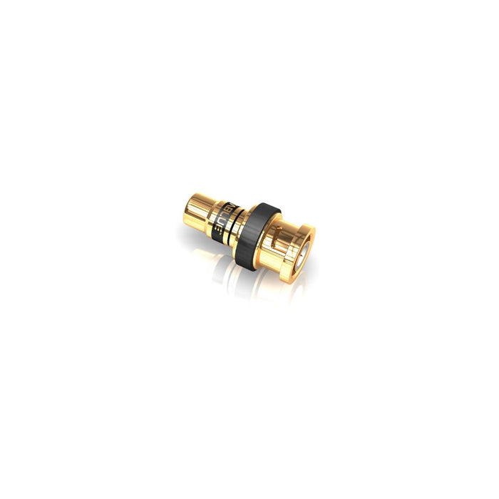 VIABLUE XS RCA Adapter, Black and Gold, three-quarter view facing right of a single BNC-to-RCA adapter