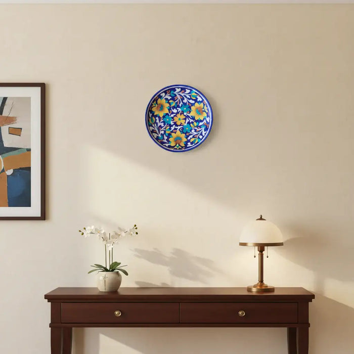 Vibrant Blue Pottery Floral Wall Plate | Yellow & Blue Quartz  Ceramic Wall Art   Pottery
