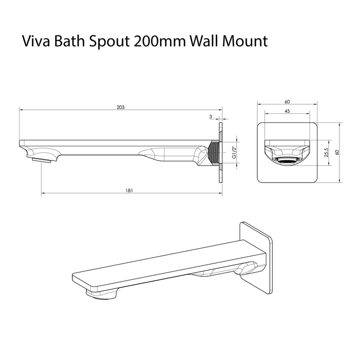Viva Bath Spout 200mm Wall Mount Brushed Nickel - BT205BN Tapware Arova