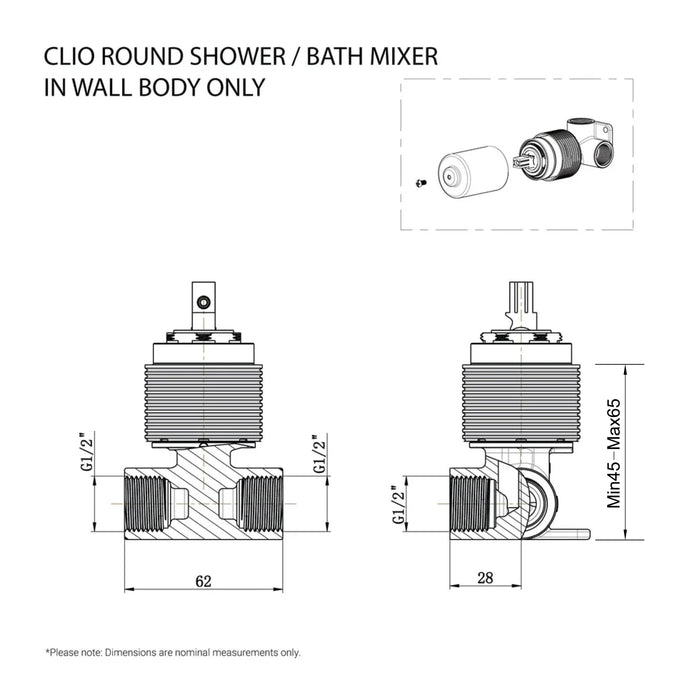 CLIO Round Shower / Bath Mixer - In Wall Body Only Tapware Arova