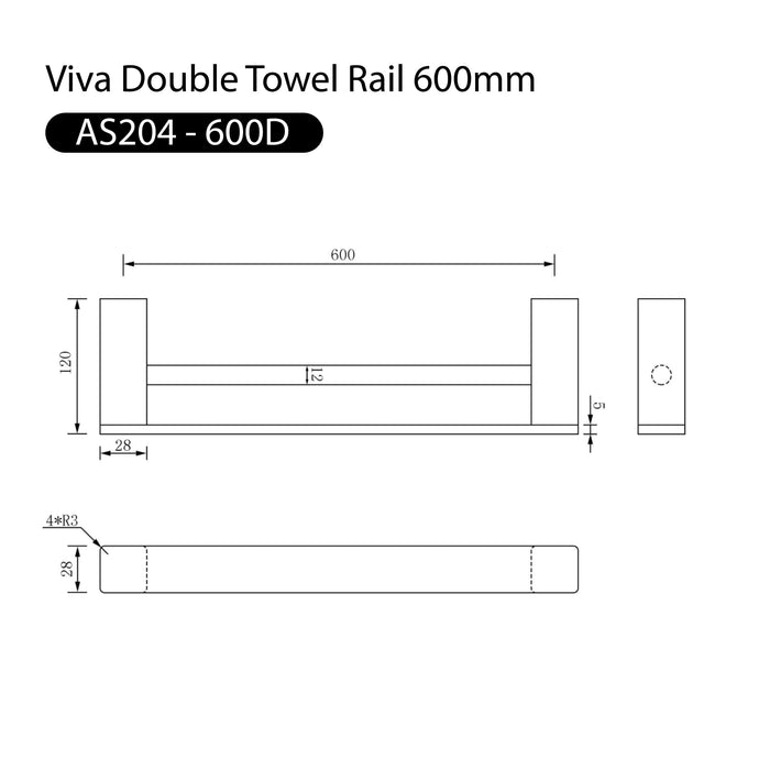 Viva Double Towel Rail 600mm Chrome Accessories Arova