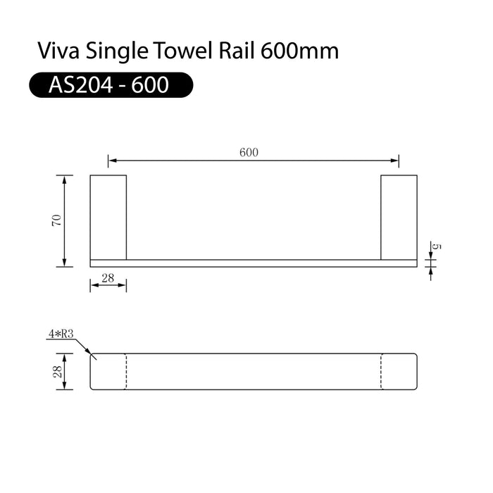 Viva Single Towel Rail 600mm Brushed Nickel Accessories Arova
